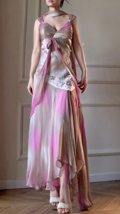 Chic Pink Prom Dress Chiffon Sheath Straps Long Evening Dress DP06420