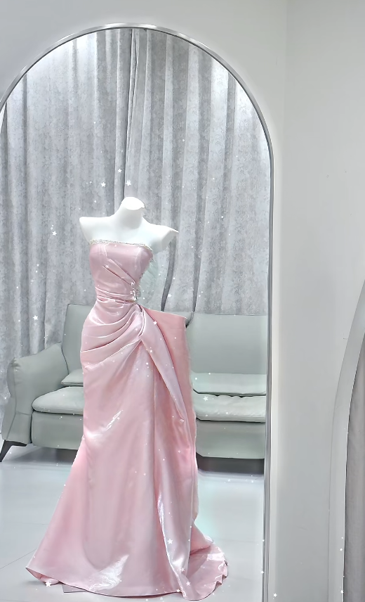 Chic Pink Prom Dress Satin Sheath Strapless Long Evening Dress DP06421