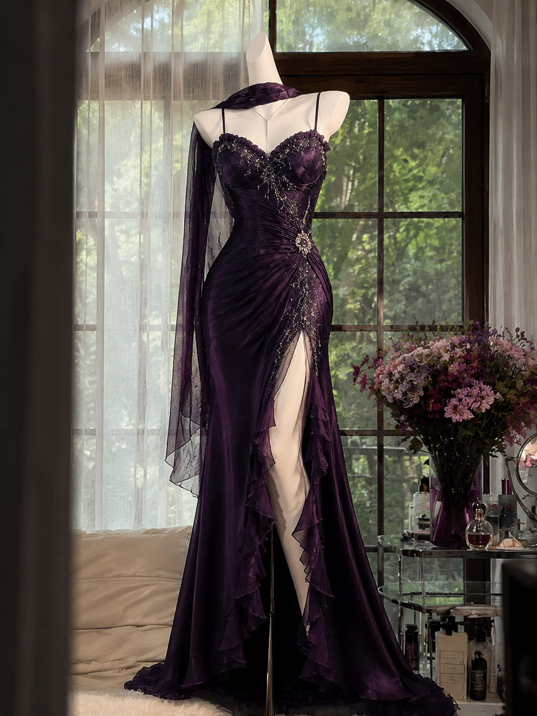 Chic Deep Purple Prom Dress Straps Sheath Chiffon Beaded Long Evening Dress DP06423