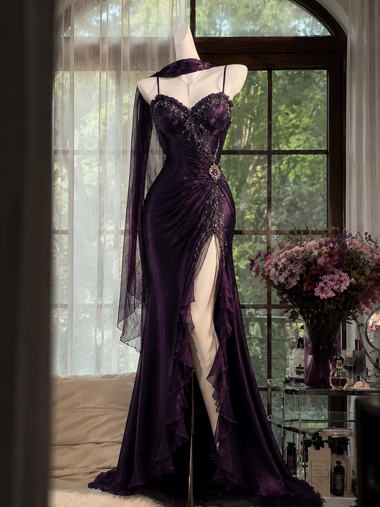 Chic Deep Purple Prom Dress Straps Sheath Chiffon Beaded Long Evening Dress DP06423