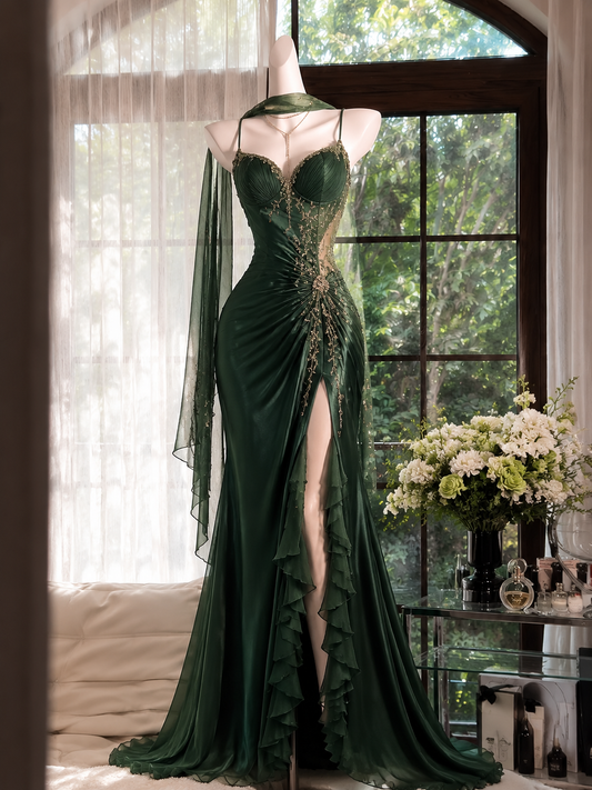 Chic Dark Green Prom Dress Straps Sheath Chiffon Beaded Long Evening Dress DP06424