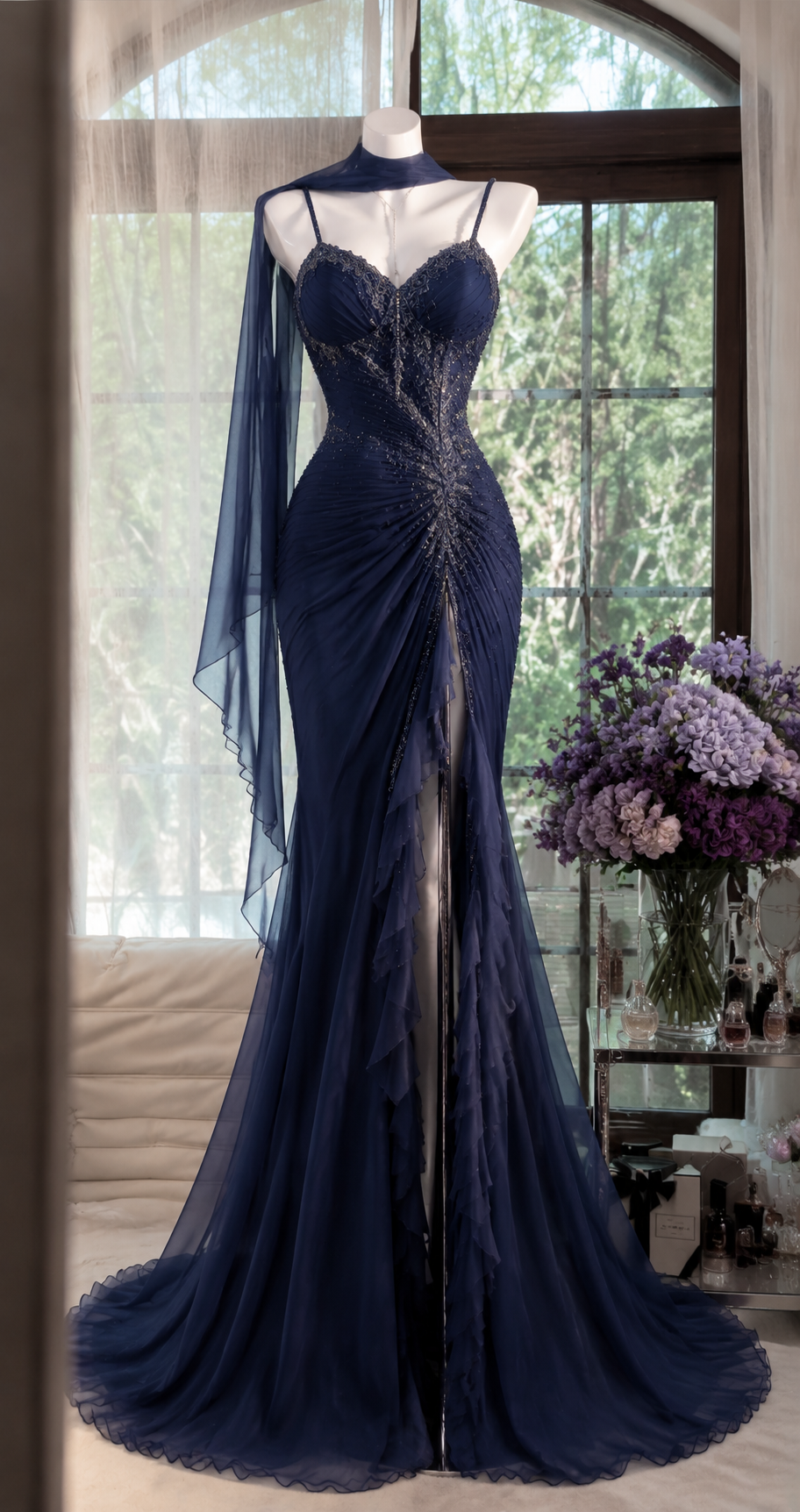 Chic Navy Blue Prom Dress Straps Sheath Chiffon Beaded Long Evening Dress DP06425