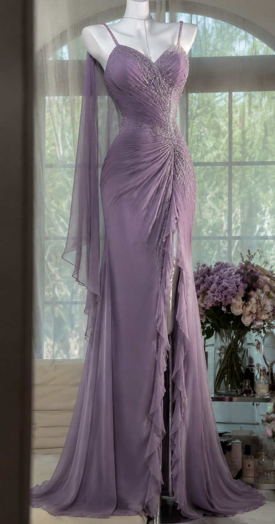 Chic Lavender Prom Dress Straps Sheath Chiffon Beaded Long Evening Dress DP06426
