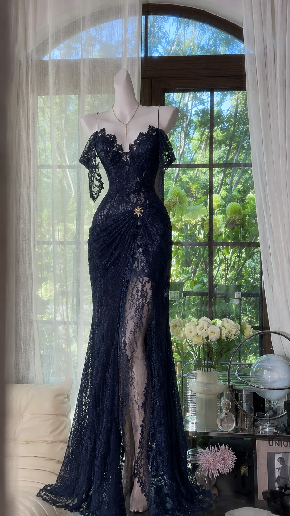 Chic Navy Blue Prom Dress Straps Sheath Lace Long Evening Dress DP06427