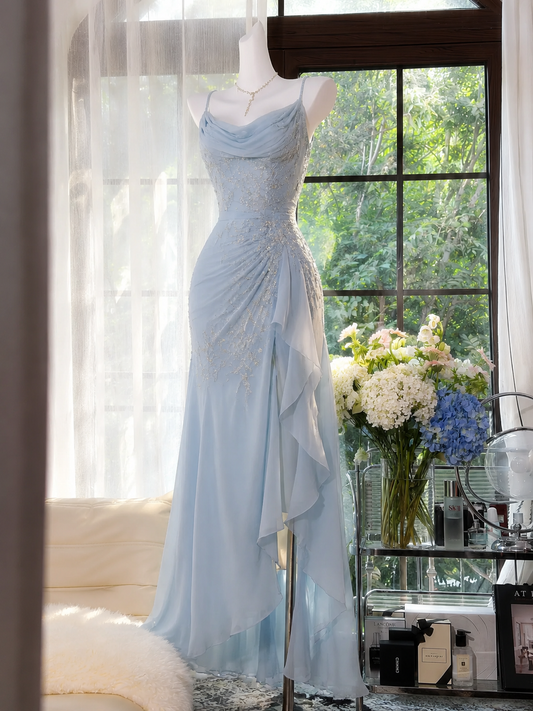 Chic Pale Blue Prom Dress Straps Sheath Chiffon Beaded Long Evening Dress DP06428