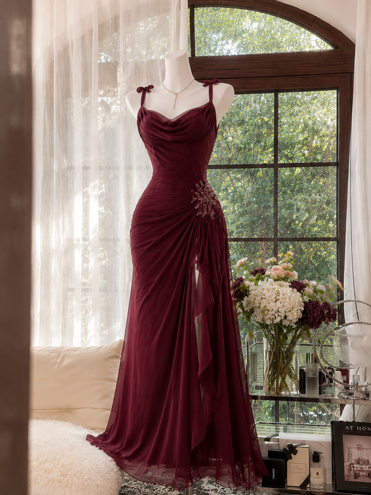 Chic Burgundy Prom Dress Straps Sheath Chiffon Long Evening Dress DP06429