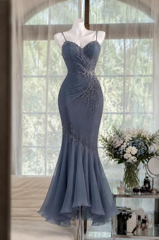 Chic Blue Prom Dress Straps Mermaid Chiffon Long Evening Dress DP06430
