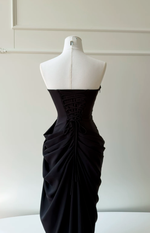 Chic Black Prom Dress Strapless Sheath Chiffon Long Evening Dress DP06431