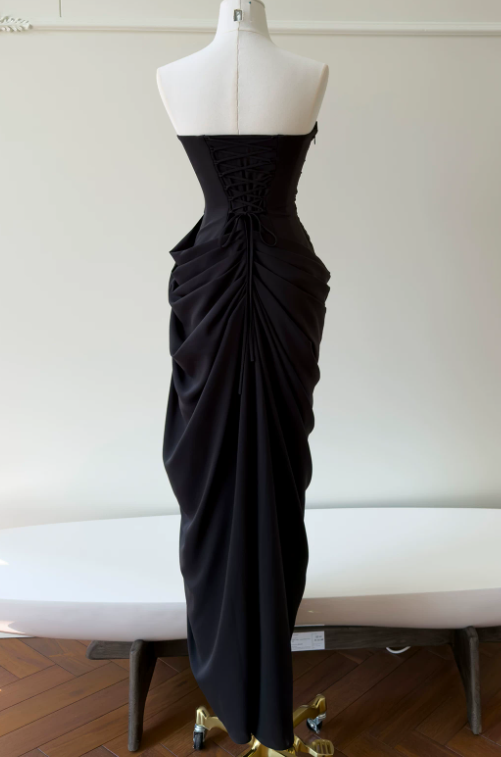 Chic Black Prom Dress Strapless Sheath Chiffon Long Evening Dress DP06431
