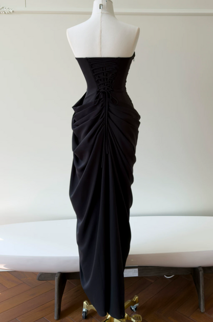 Chic Black Prom Dress Strapless Sheath Chiffon Long Evening Dress DP06431