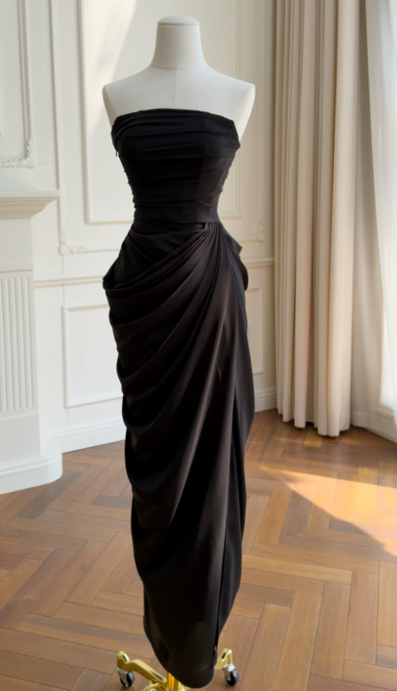 Chic Black Prom Dress Strapless Sheath Chiffon Long Evening Dress DP06431