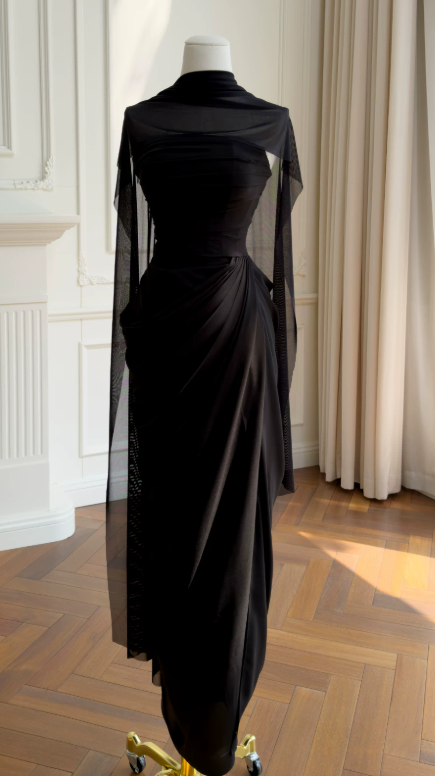 Chic Black Prom Dress Strapless Sheath Chiffon Long Evening Dress DP06431