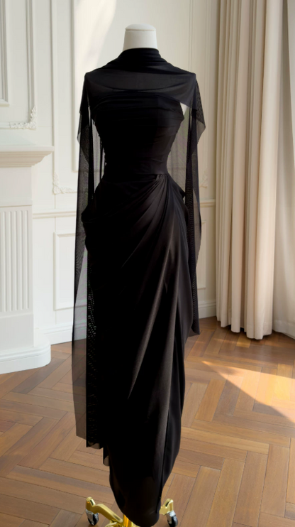 Chic Black Prom Dress Strapless Sheath Chiffon Long Evening Dress DP06431