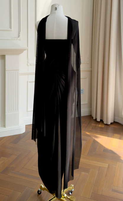 Chic Black Prom Dress Strapless Sheath Chiffon Long Evening Dress DP06431