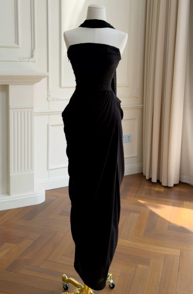 Chic Black Prom Dress Strapless Sheath Chiffon Long Evening Dress DP06431