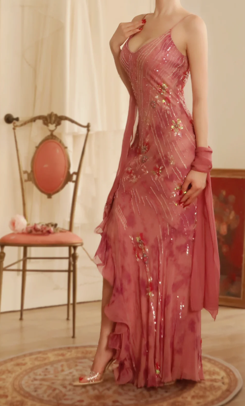 Chic Pink Prom Dress Straps Sheath Chiffon Long Evening Dress DP06432