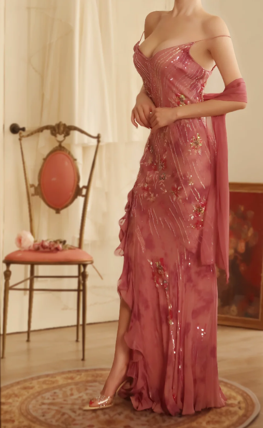 Chic Pink Prom Dress Straps Sheath Chiffon Long Evening Dress DP06432