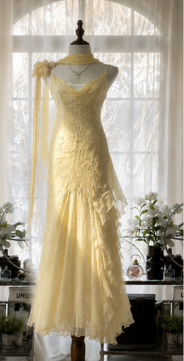 Chic Yellow Prom Dress Straps Sheath Chiffon Beaded Long Evening Dress DP06434