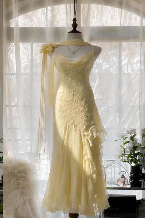 Chic Yellow Prom Dress Straps Sheath Chiffon Beaded Long Evening Dress DP06434