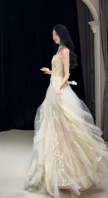 Chic Yellow Prom Dress Strapless A-Line Beaded Tulle Long Evening Dress DP06437