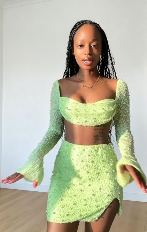 Chic Green Birthday Dress Sheath Hoco Dress Two-piece Chiffon Beaded Dress for Party DP06441