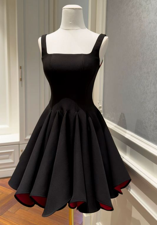 Chic Black Birthday Dress Straps A-Line Hoco Dress Satin Dress for Party DP06442