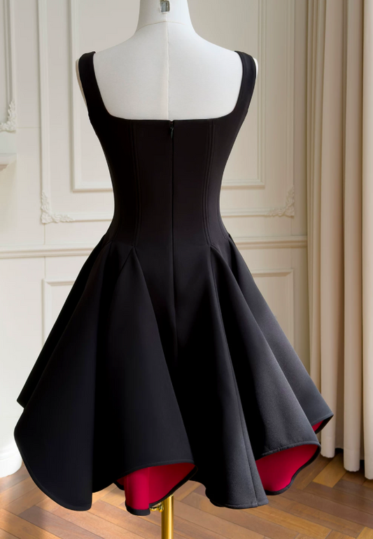 Chic Black Birthday Dress Straps A-Line Hoco Dress Satin Dress for Party DP06442