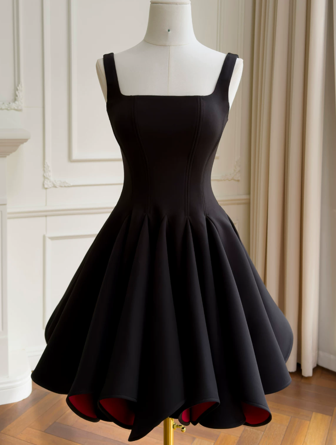 Chic Black Birthday Dress Straps A-Line Hoco Dress Satin Dress for Party DP06442