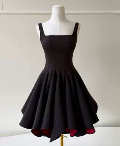 Chic Black Birthday Dress Straps A-Line Hoco Dress Satin Dress for Party DP06442
