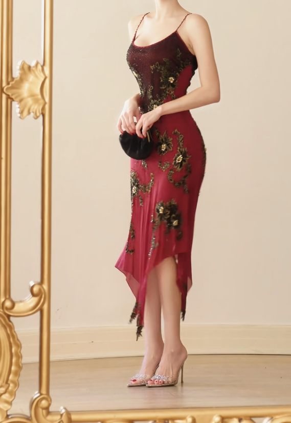 Chic Burgundy Birthday Dress Straps Sheath Hoco Dress Chiffon Beaded Dress for Party DP06443