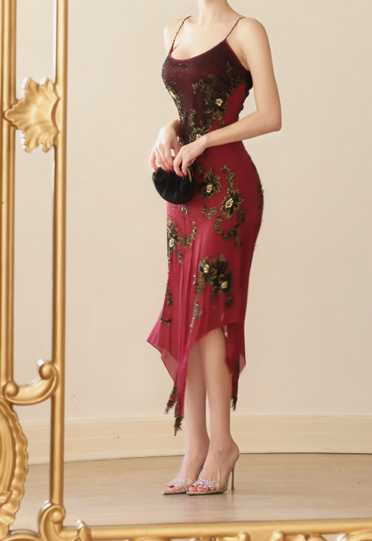 Chic Burgundy Birthday Dress Straps Sheath Hoco Dress Chiffon Beaded Dress for Party DP06443