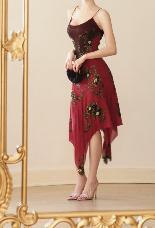 Chic Burgundy Birthday Dress Straps Sheath Hoco Dress Chiffon Beaded Dress for Party DP06443
