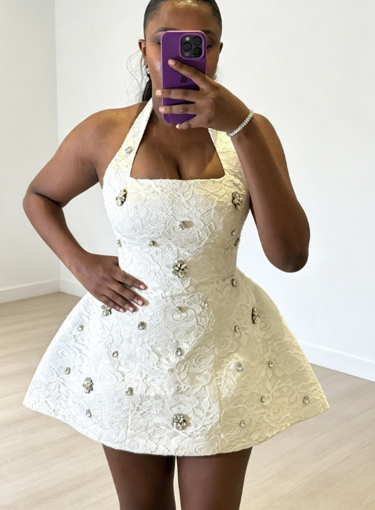 Chic White Birthday Dress Halter A-Line Hoco Dress Satin Dress for Party DP06445