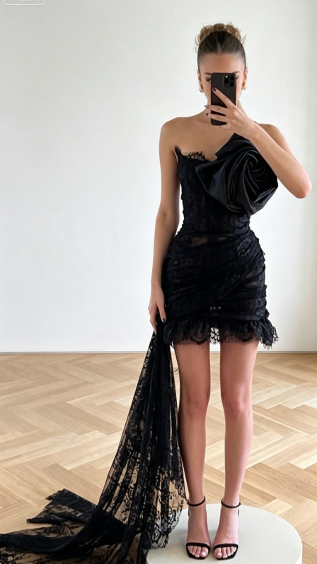Chic Black Birthday Dress Strapless Sheath Hoco Dress Lace Dress for Party DP06446