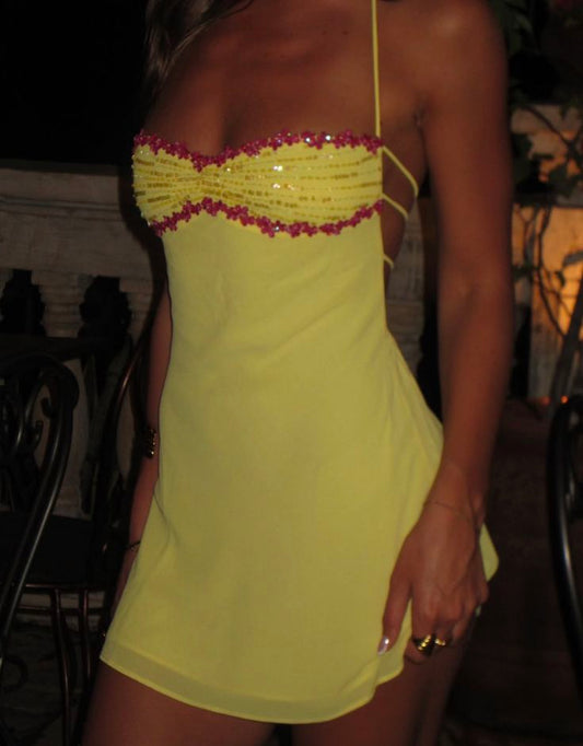 Chic Yellow Birthday Dress Straps Sheath Hoco Dress Chiffon Dress for Party DP06452