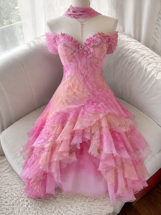 Chic Pink Birthday Dress Off-shoulder A-Line Hoco Dress Chiffon Dress for Party DP06454