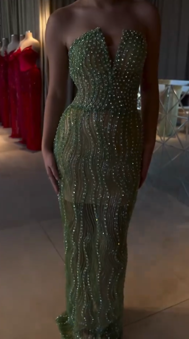 Elegant Green Prom Dress Strapless Sheath Tulle Beaded Long Evening Dress DP06457