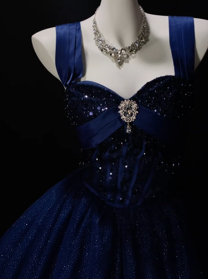 Elegant Navy Blue Prom Dress Straps A-Line Tulle Long Evening Dress DP06459