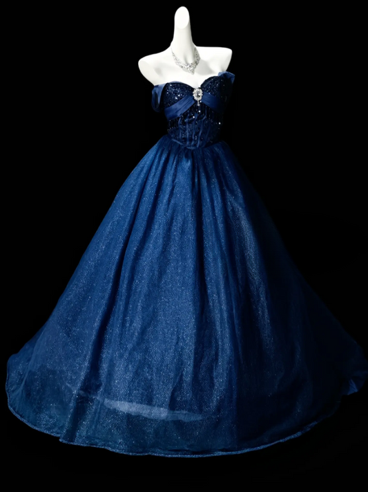 Elegant Navy Blue Prom Dress Straps A-Line Tulle Long Evening Dress DP06459