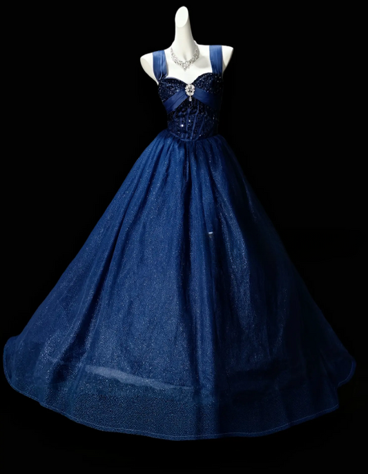 Elegant Navy Blue Prom Dress Straps A-Line Tulle Long Evening Dress DP06459