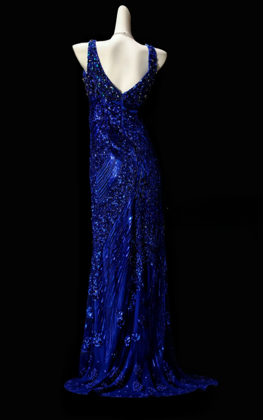 Elegant  Blue Prom Dress V-neck Sheath Satin Beaded Long Evening Dress DP06460