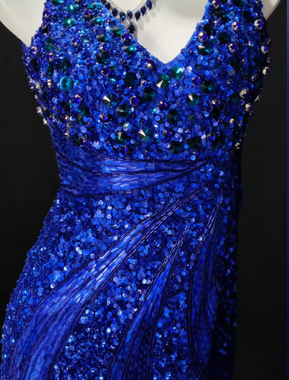 Elegant  Blue Prom Dress V-neck Sheath Satin Beaded Long Evening Dress DP06460