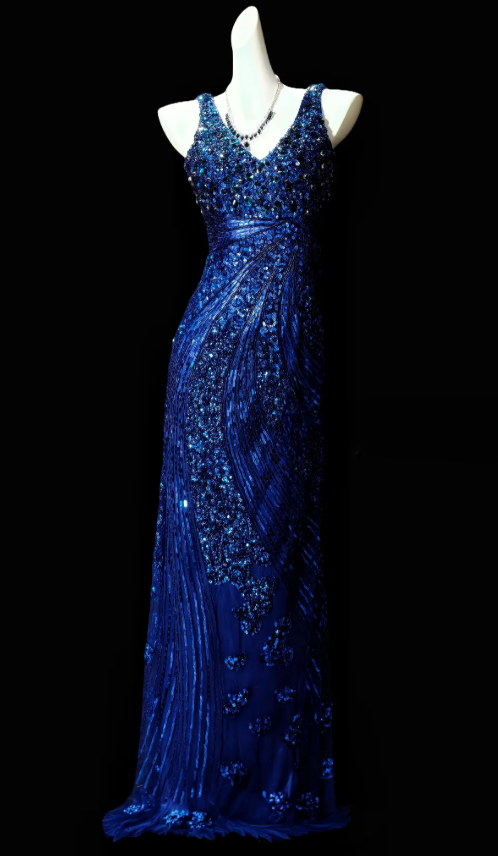 Elegant  Blue Prom Dress V-neck Sheath Satin Beaded Long Evening Dress DP06460