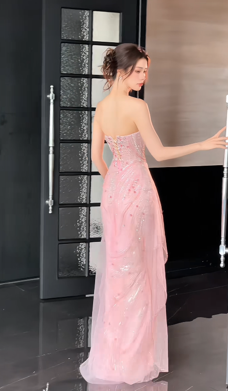 Elegant Pink Prom Dress Strapless Sheath Beaded Tulle Long Evening Dress DP06462