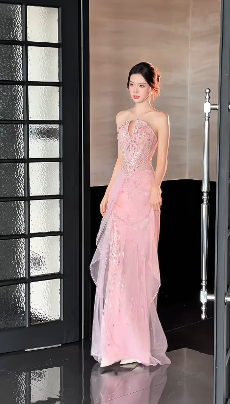 Elegant Pink Prom Dress Strapless Sheath Beaded Tulle Long Evening Dress DP06462