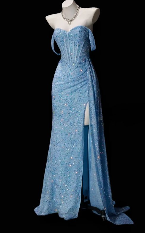 Elegant Blue Prom Dress Off-shoulder Sheath Sequins Long Evening Dress DP06463