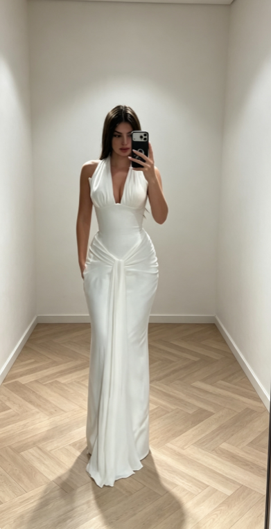 Elegant White Prom Dress Halter Sheath Chiffon Long Evening Dress DP06466