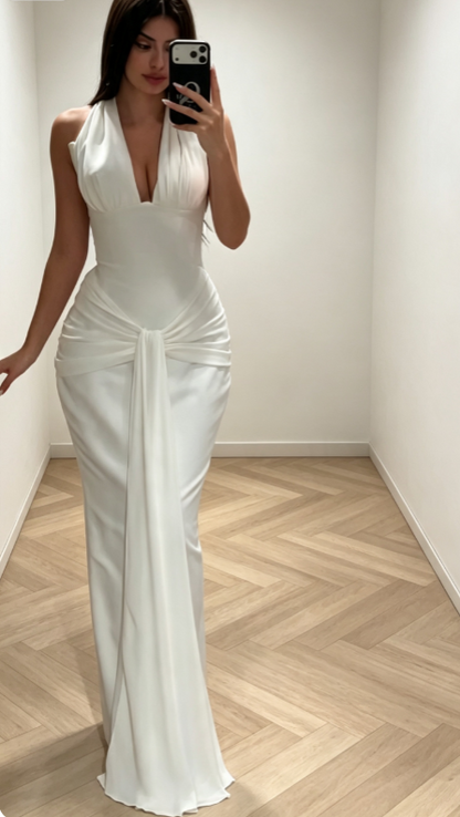 Elegant White Prom Dress Halter Sheath Chiffon Long Evening Dress DP06466