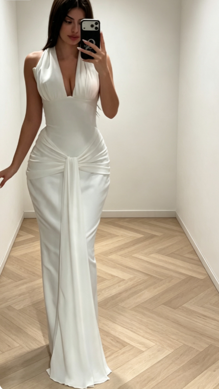 Elegant White Prom Dress Halter Sheath Chiffon Long Evening Dress DP06466