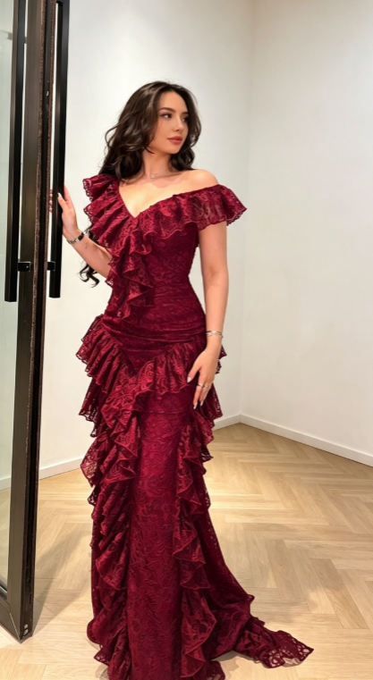Elegant Burgundy Prom Dress V-neck Sheath Chiffon Long Evening Dress DP06467